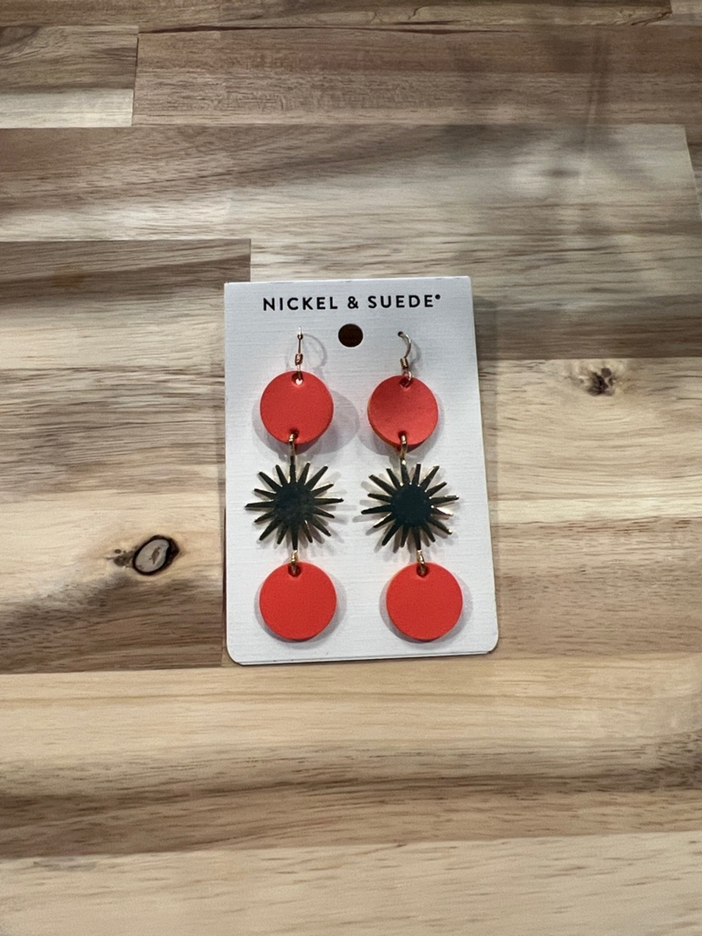 Nickel & Suede Coral Red Sunburst Drop Earrings